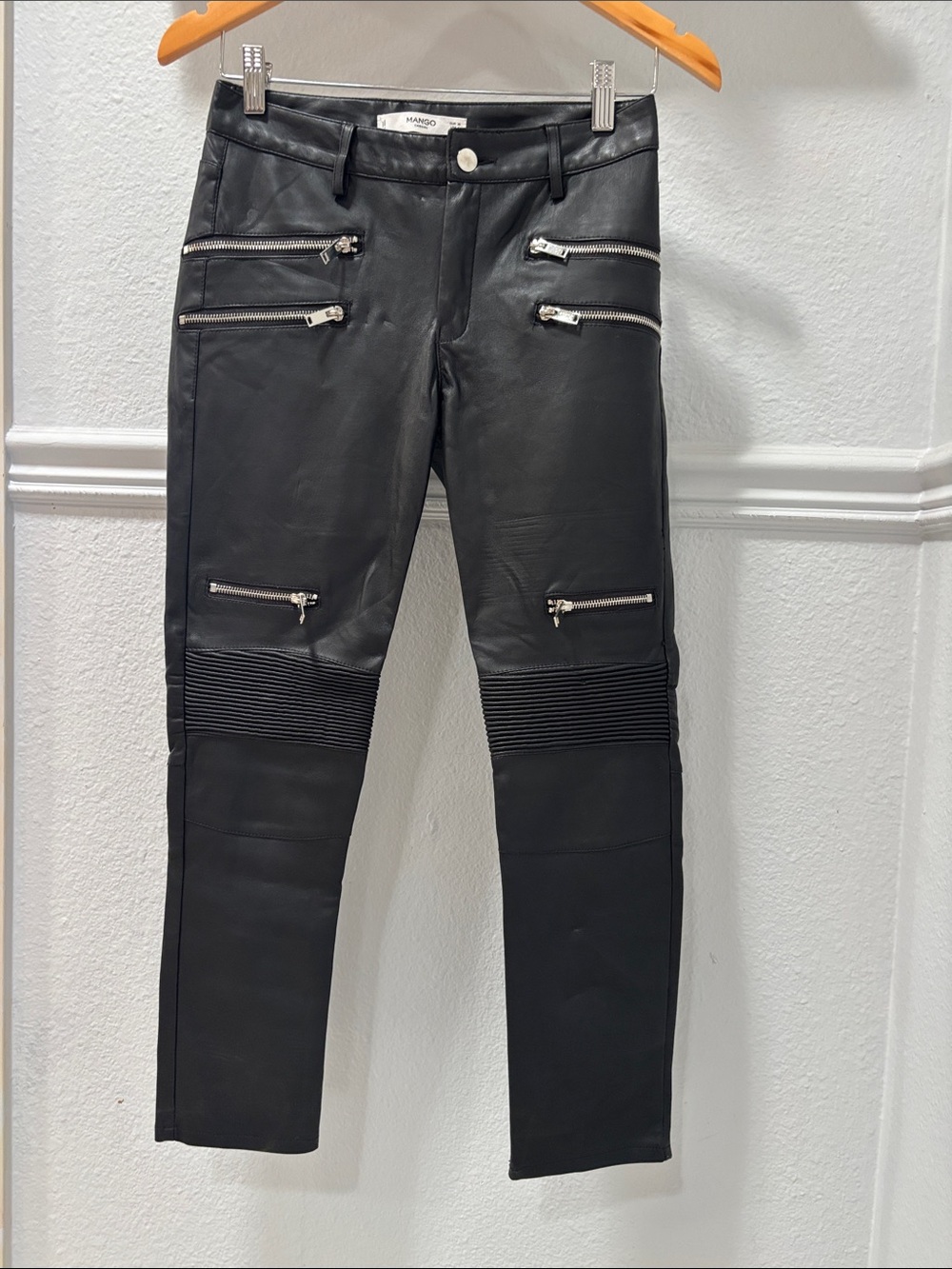 Mango Black Faux Leather Moto Zip Trousers